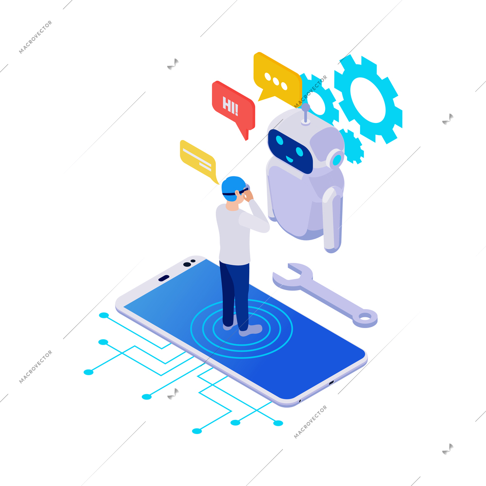 Chatbot application isometric icon with smartphone and character wearing virtual reality glasses vector illustration