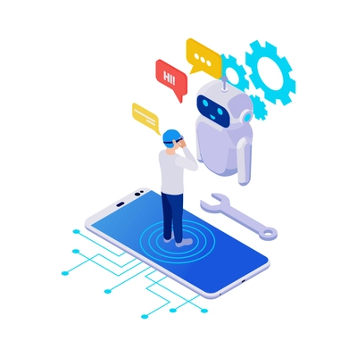 Chatbot application isometric icon with smartphone and character wearing virtual reality glasses vector illustration