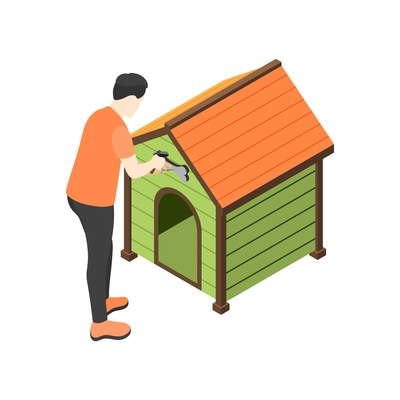 Isometric icon with man decorating dog booth on white background 3d vector illustration