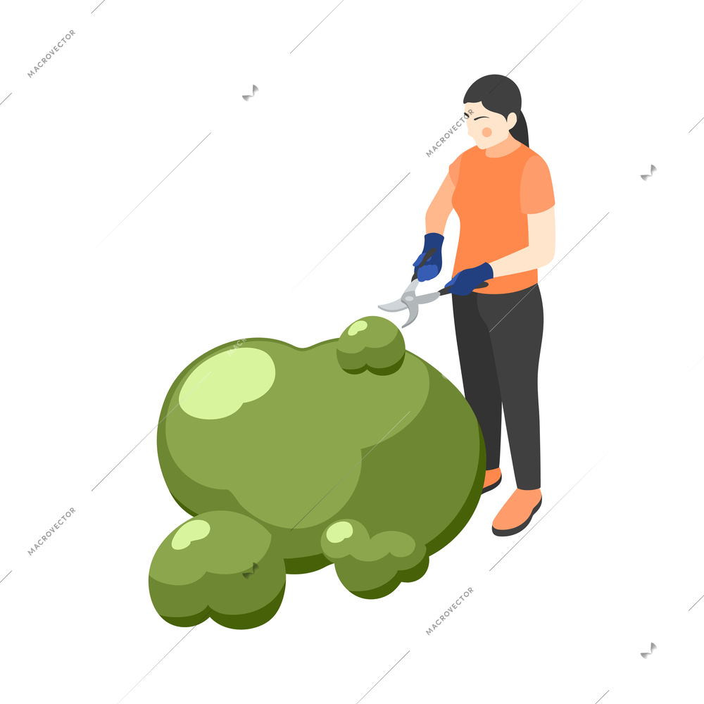 Gardening isometric icon with woman cutting bush with pruning shears 3d vector illustration