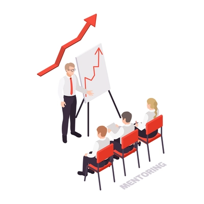 Isometric soft skills concept icon with three characters listening to their mentor vector illustration