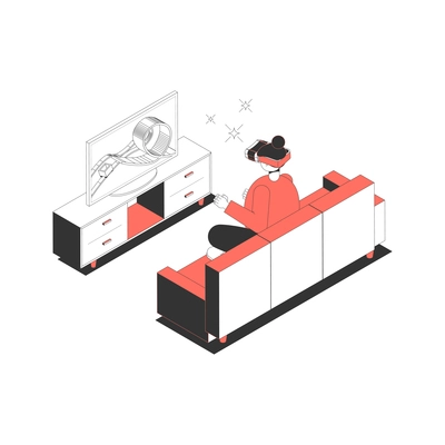 Isometric icon with woman wearing vr glasses playing game on tv vector illustration