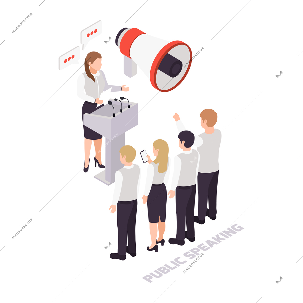 Soft skills isometric icon with megaphone public speaker and listeners vector illustration