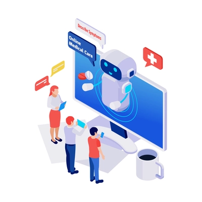 Isometric icon with online medical care service chatbot talking to people 3d vector illustration