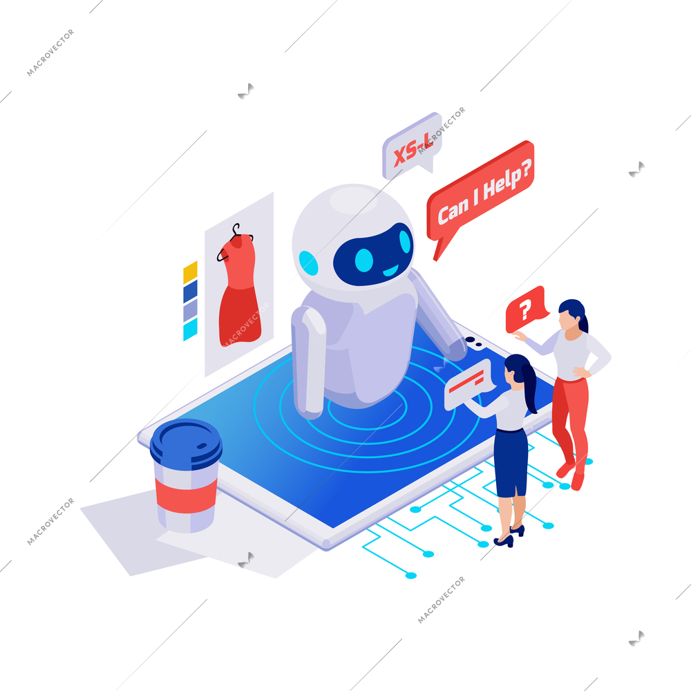 Customers asking questions to online shop chatbot 3d isometric vector illustration