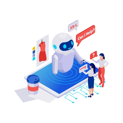 Customers asking questions to online shop chatbot 3d isometric vector illustration