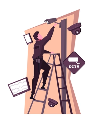 Security service flat composition with character installing surveillance camera vector illustration