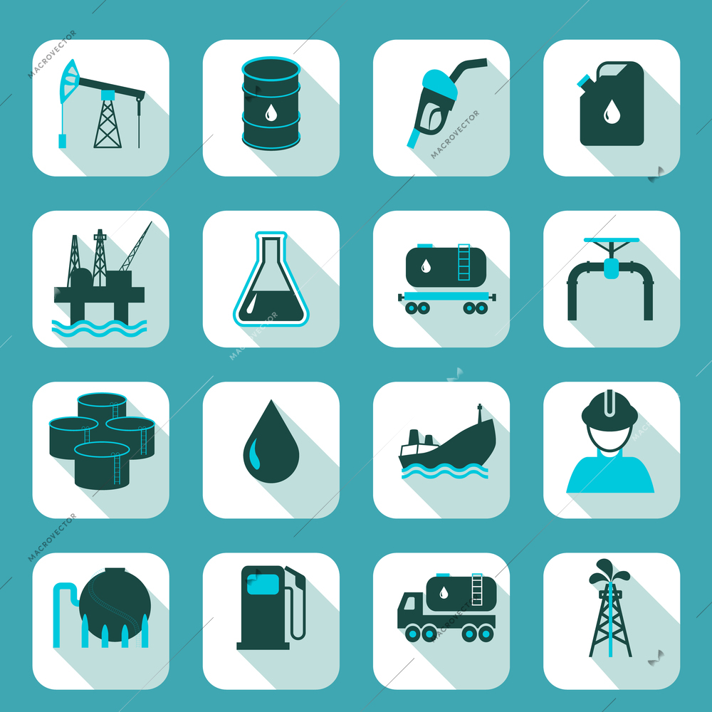 Oil industry icons set with pump tanker barrel isolated vector illustration.