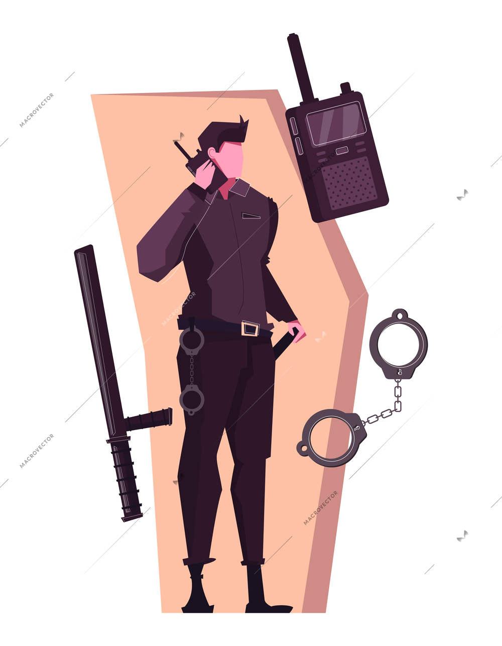 Security service composition with flat character of bodyguard cuffs portable transmitter vector illustration