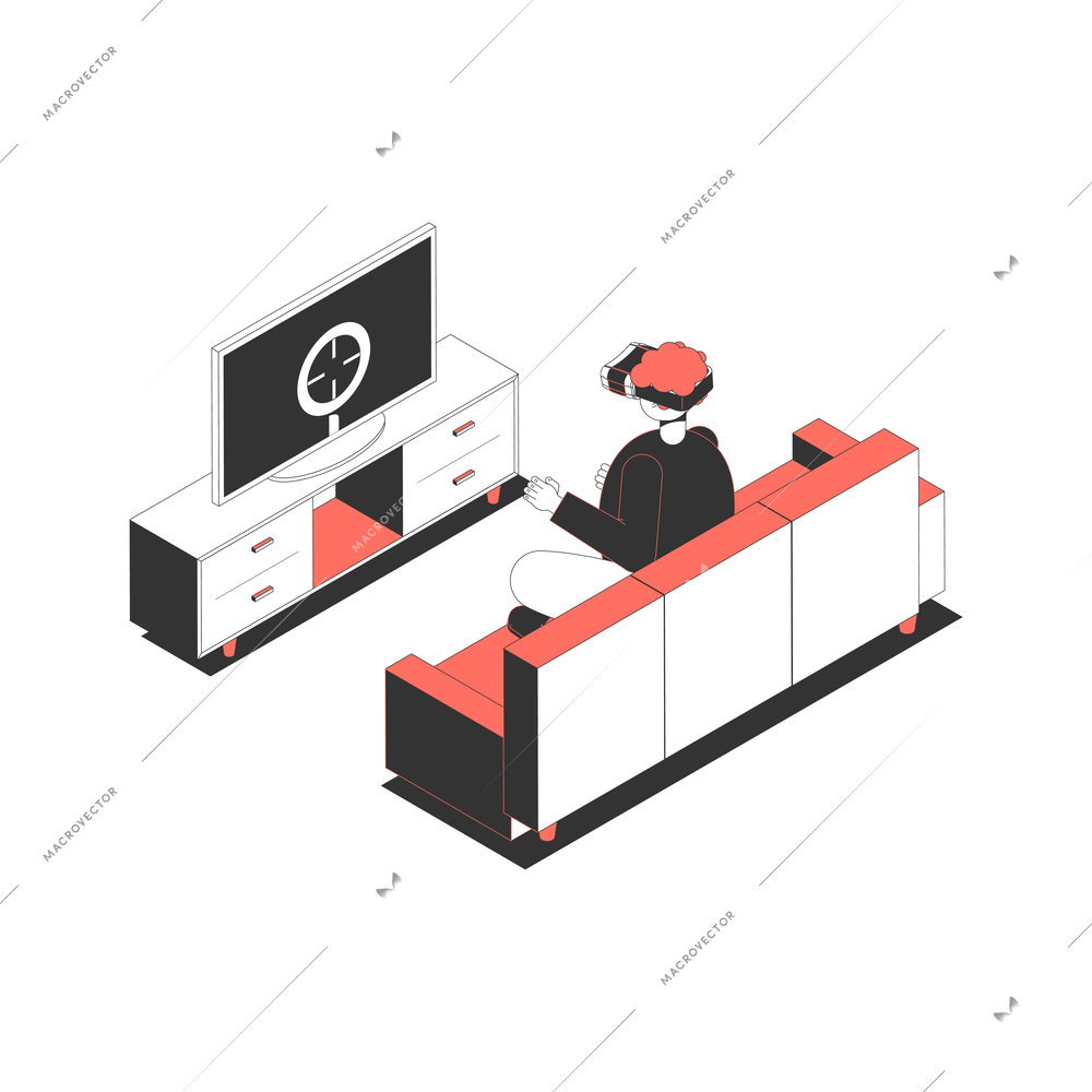 Isometric character playing game on tv in vr glasses 3d vector illustration