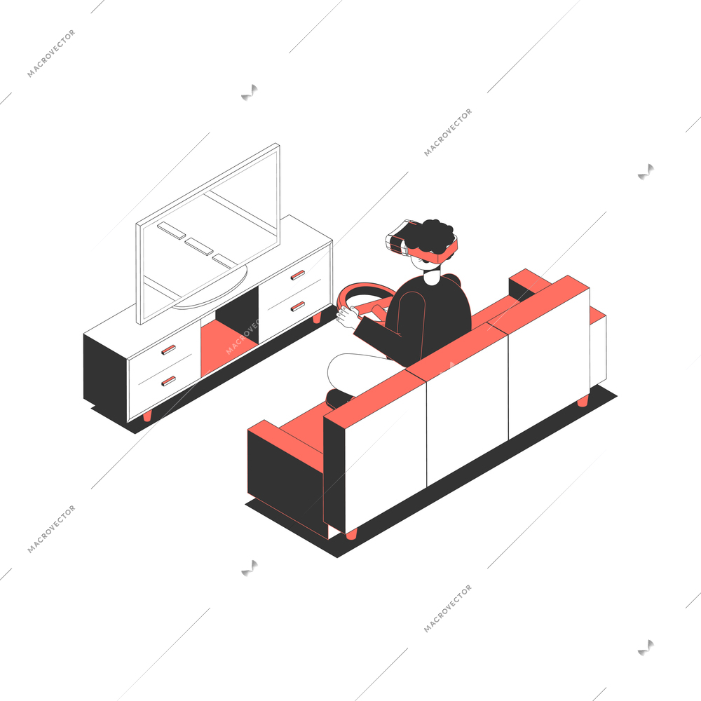 Character with virtual reality glasses and wheel playing race game isometric vector illustration