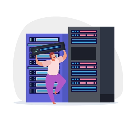 Flat icon with network engineer installing hard drive into server rack vector illustration