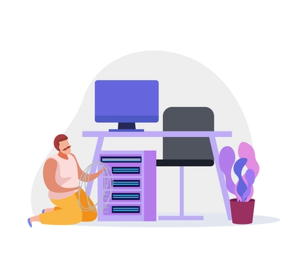 Flat colored icon with system administrator at work in office vector illustration