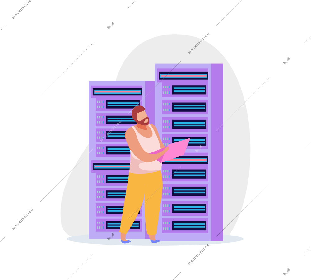 Flat system administrator with laptop and server rack icon vector illustration