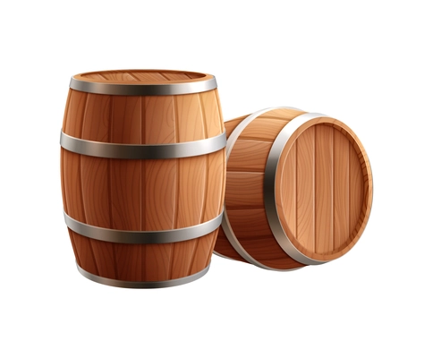 Two realistic wooden barrels with iron hoops on white background vector illustration