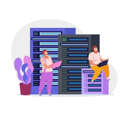 Two system administrators working in server room center flat vector illustration