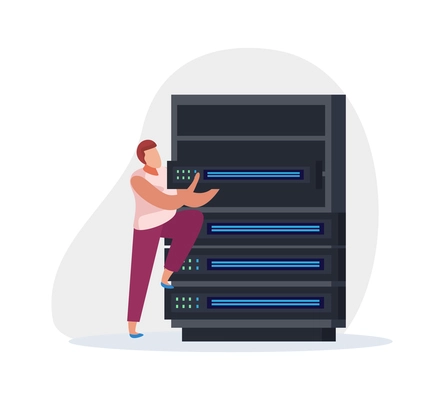 Flat system administrator installing harddisk into server rack icon vector illustration