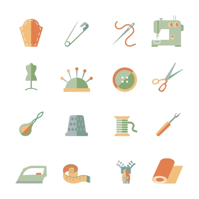 Sewing equipment and dressmaking accessories icons set flat isolated vector illustration