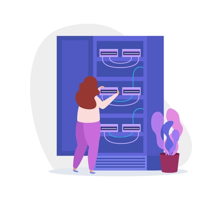 Woman system administrator working with equipment in server rack flat vector illustration