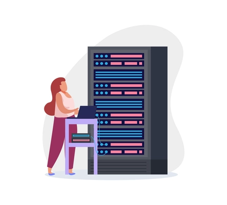 Flat icon of network engineer at work in server room vector illustration