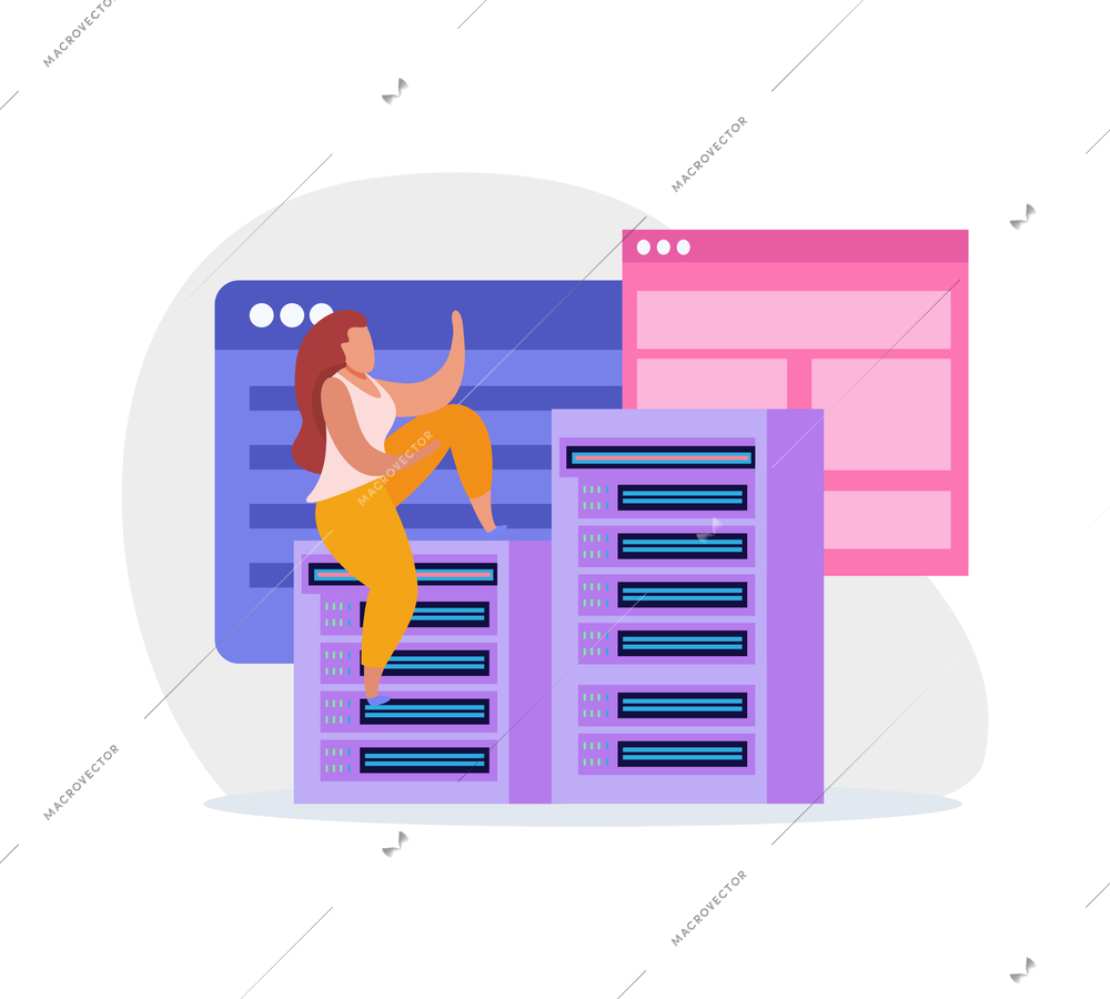 Server room flat icon with woman character and computer equipment vector illustration