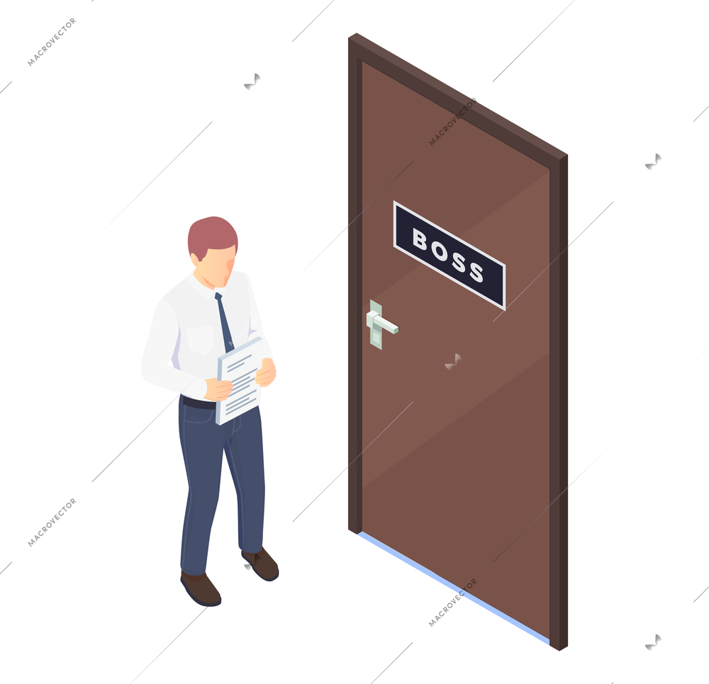 Worried office worker standing near his boss office door isometric vector illustration