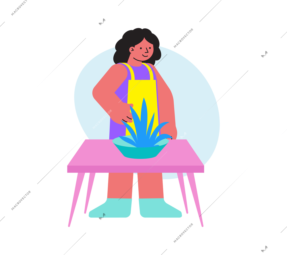 Flat icon with woman standing behind table with green home plant in pot vector illustration