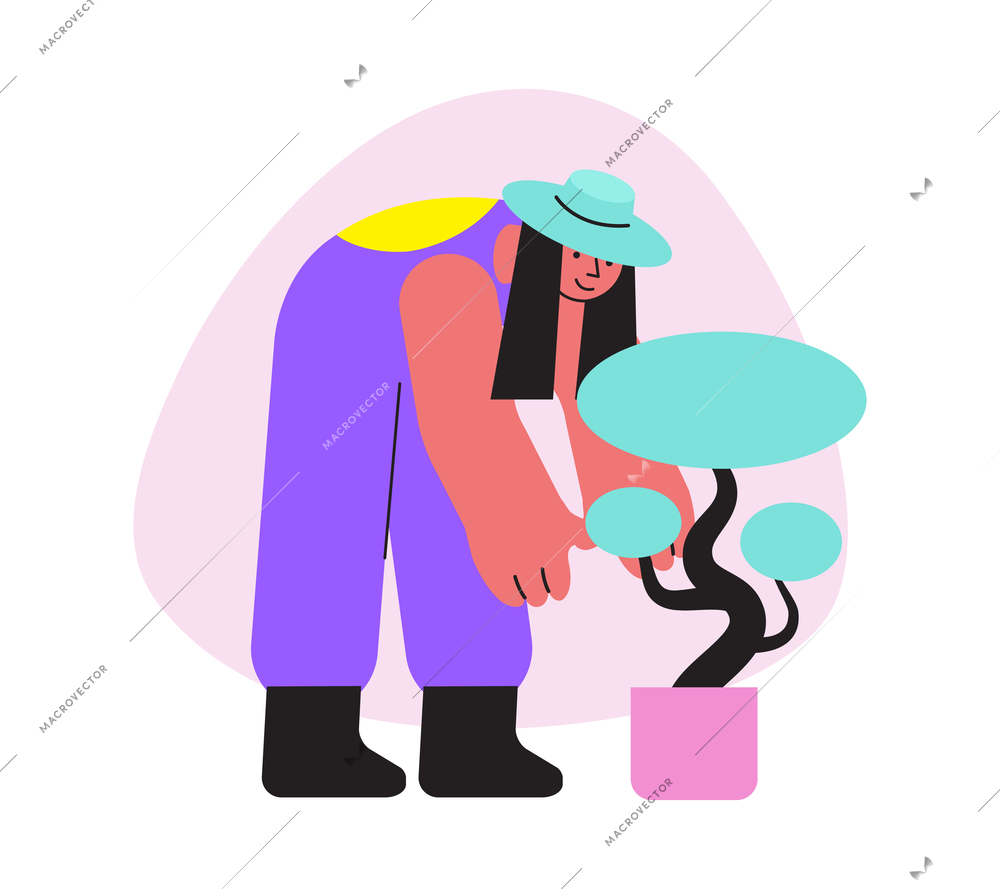 Gardening flat icon with woman caring for home plant in pot vector illustration