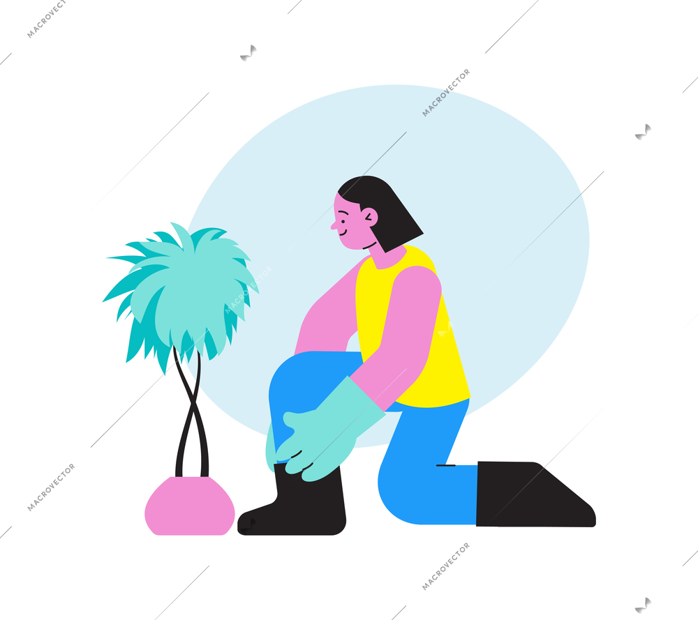 Flat character in gloves caring for small domestic tree vector illustration