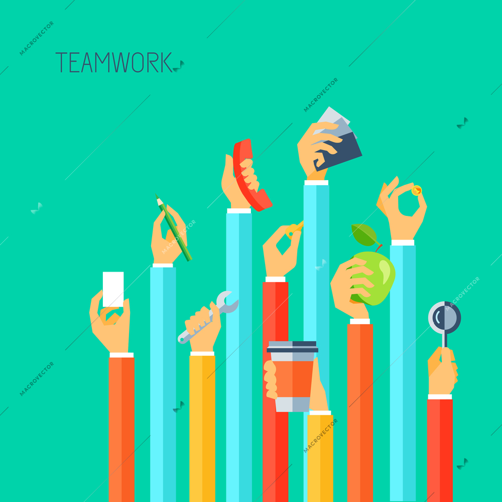 Human hands holding different objects teamwork concept vector illustration