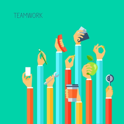 Human hands holding different objects teamwork concept vector illustration