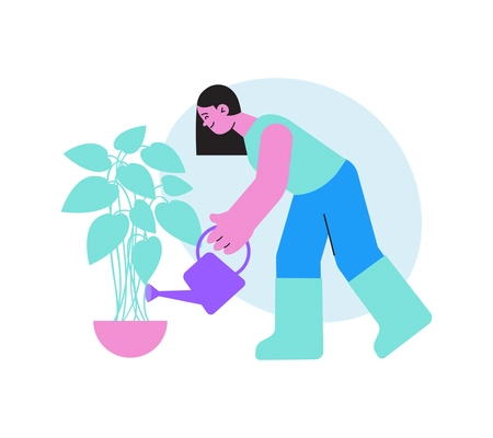 Smiling woman watering green house plant flat vector illustration