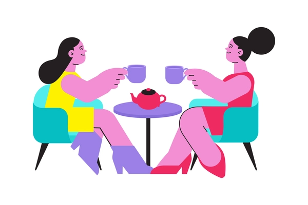 Flat icon with two smiling women drinking coffee at table vector illustration