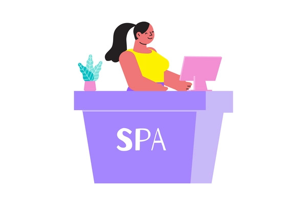 Smiling woman working at spa salon reception desk flat vector illustration