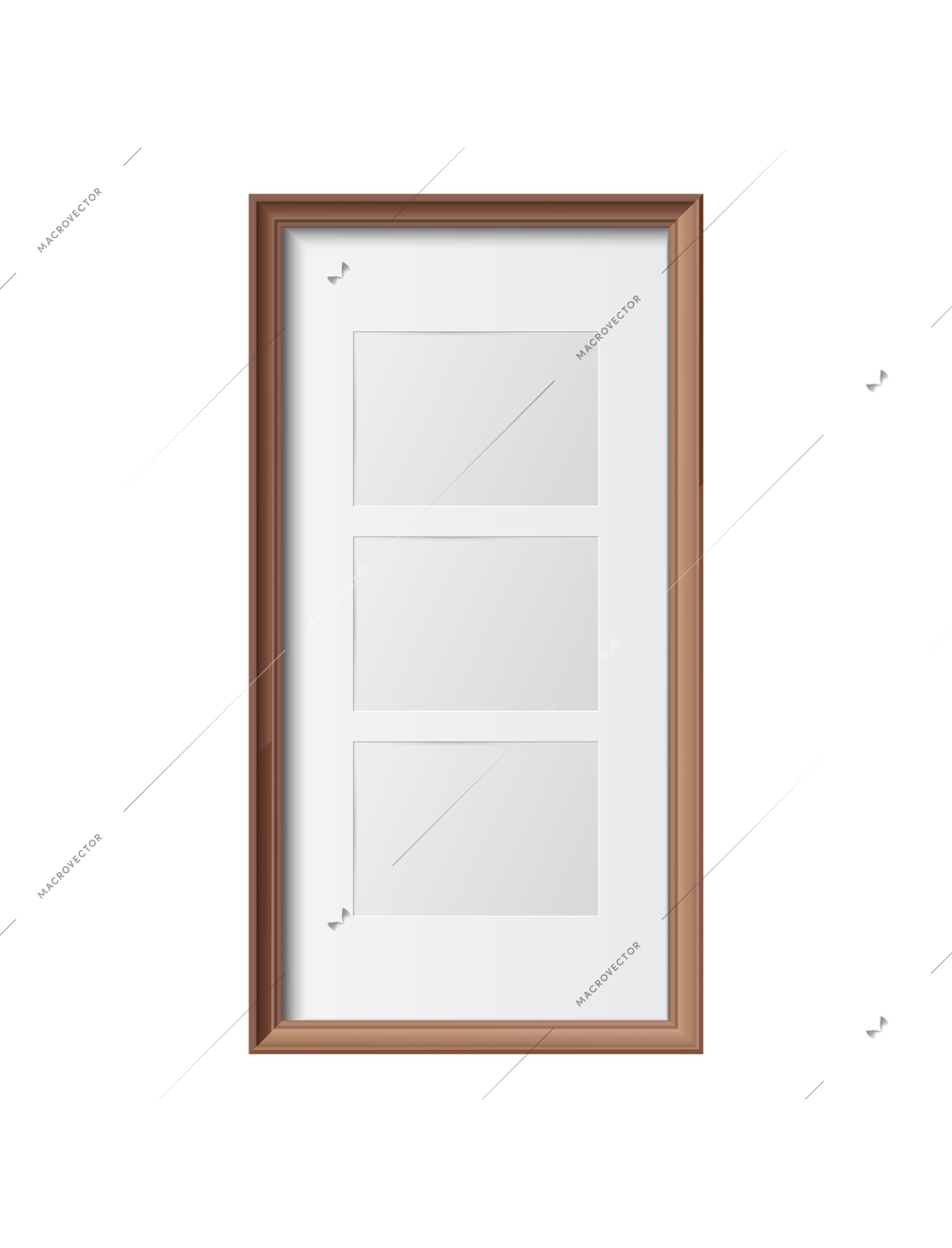 Blank wooden wall frame for three pictures realistic vector illustration