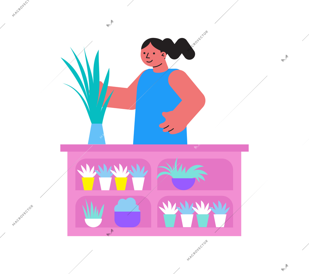 Smiling woman and shelf with various potted home plants flat icon vector illustration