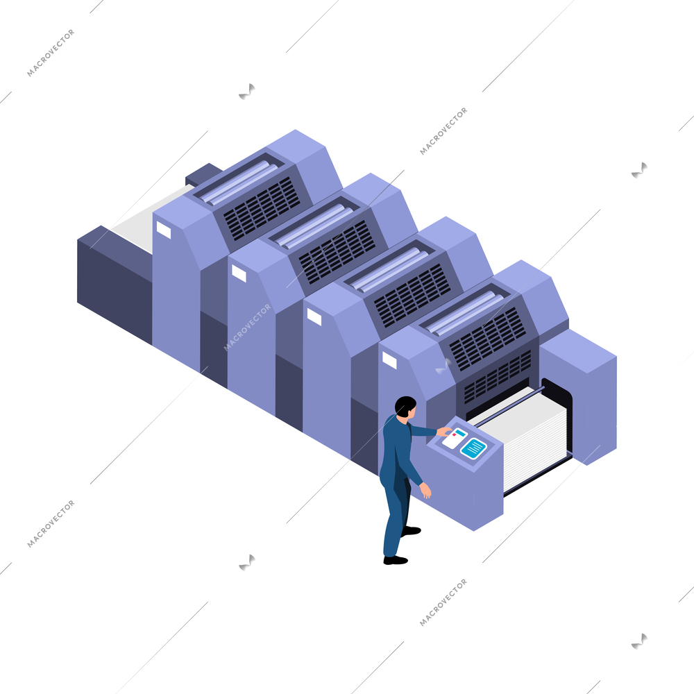 Character pressing button on printing equipment 3d isometric icon vector illustration