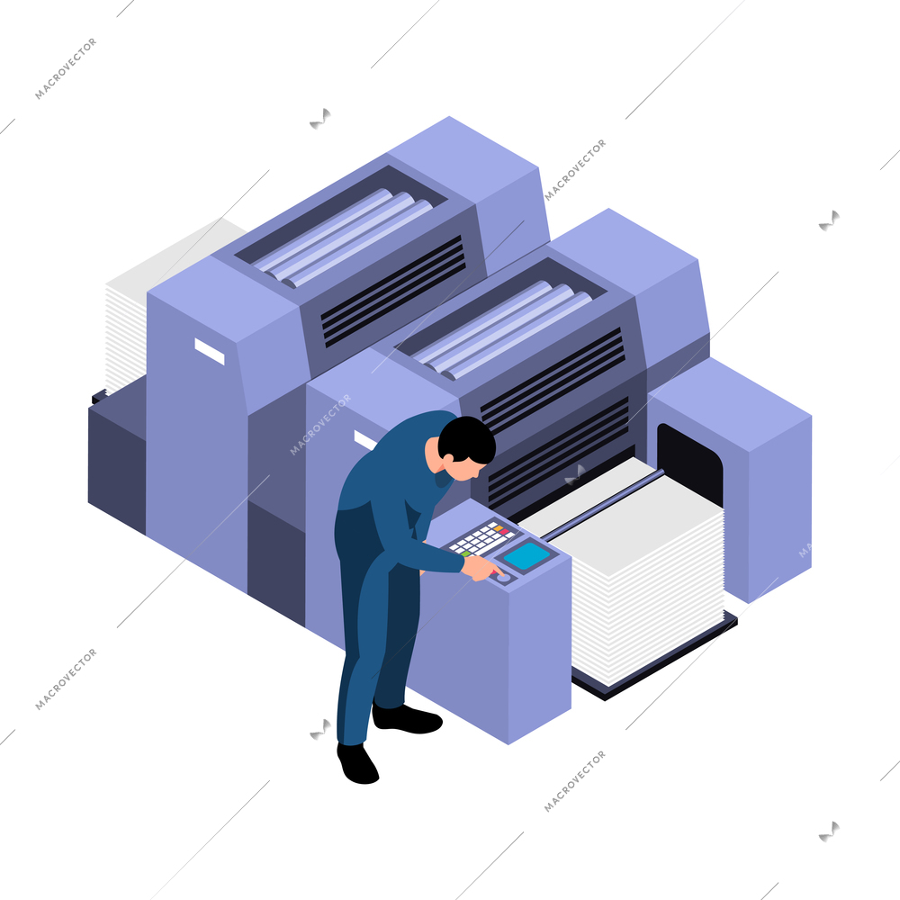 Isometric icon with worker turning on printing machine vector illustration