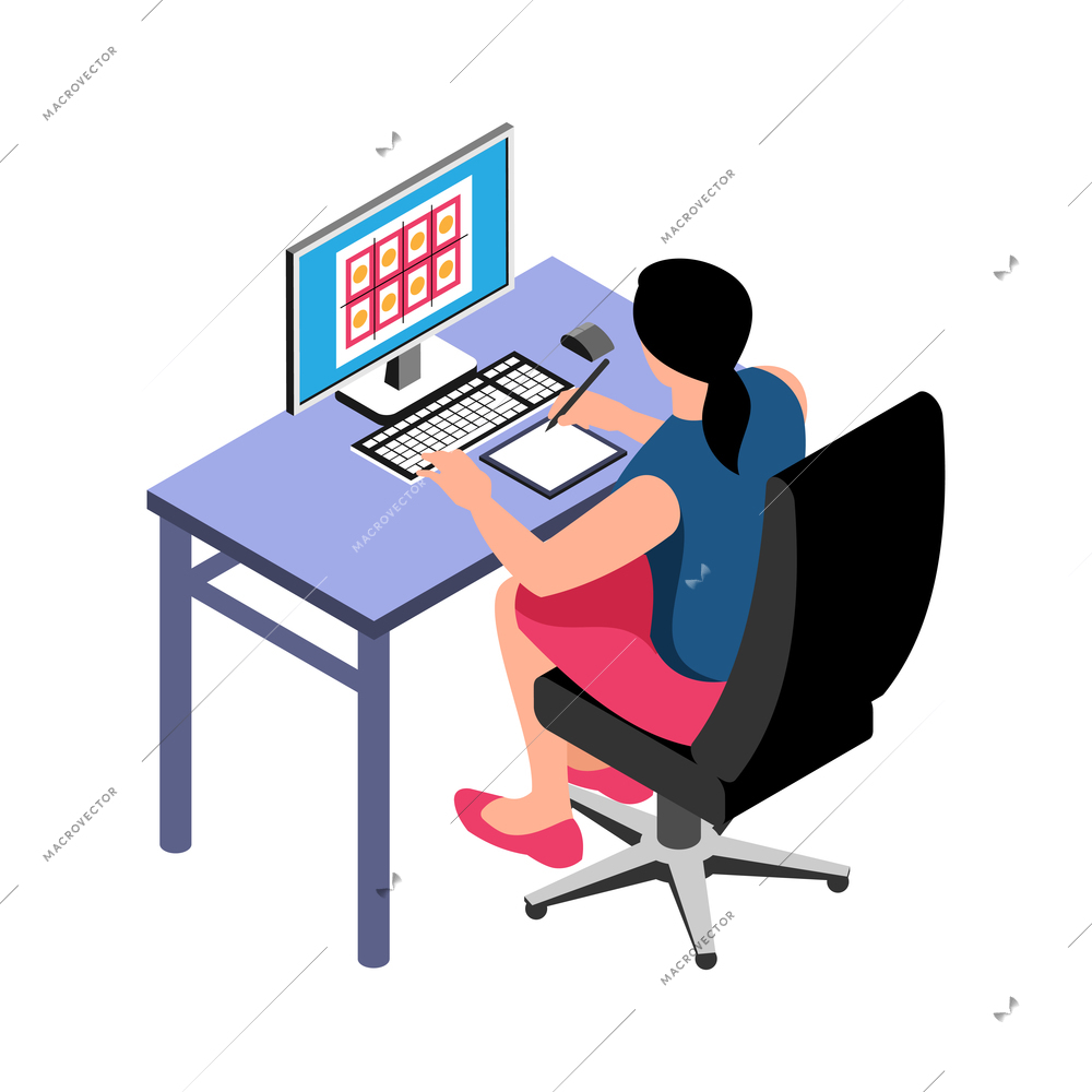 Printing industry isometric icon with designer working on computer 3d vector illustration