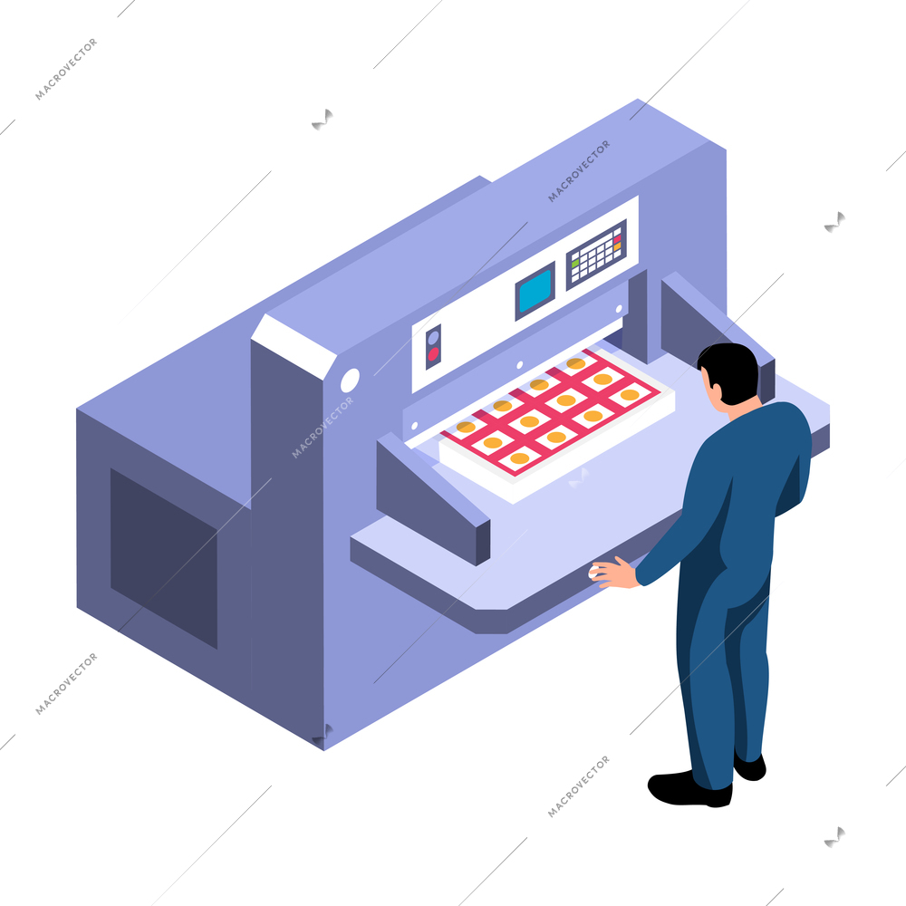 Polygraphy isometric icon with printing machine and worker vector illustration