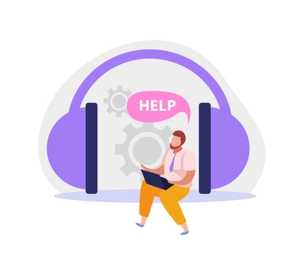 Support service icon with flat call center operator headset and speech bubble with word help vector illustration