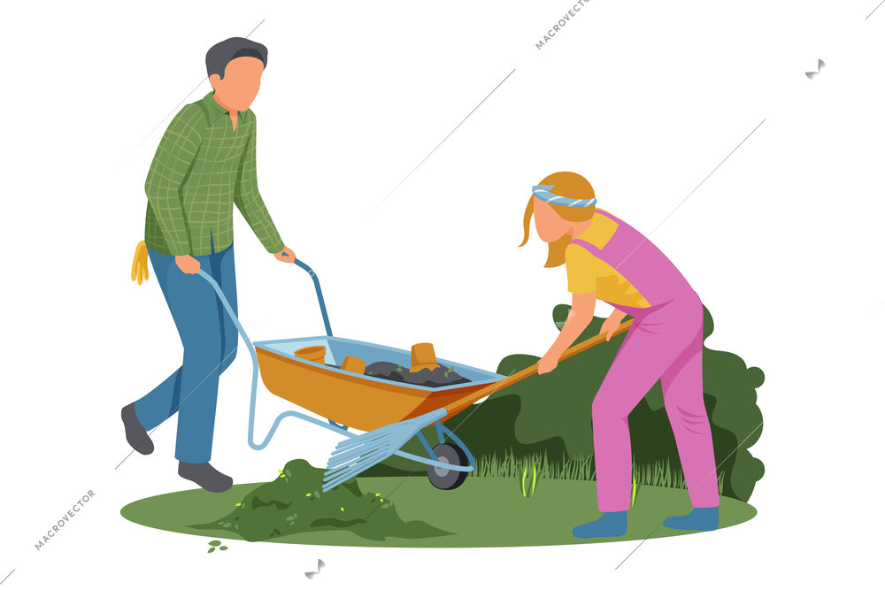 Two people working with wheelbarrow and rake in spring garden flat composition vector illustration