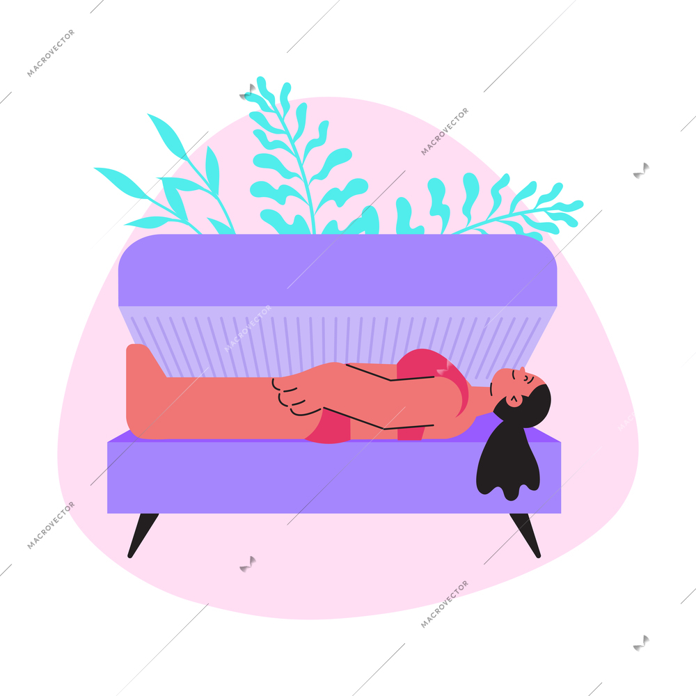 Flat design color composition with woman in solarium vector illustration