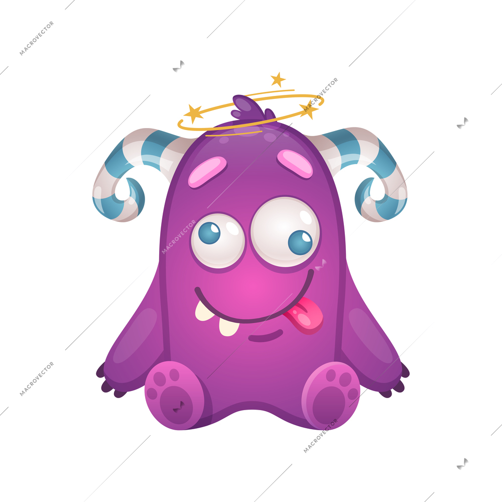 Funny cartoon beast sitting on floor feeling dizzy vector illustration