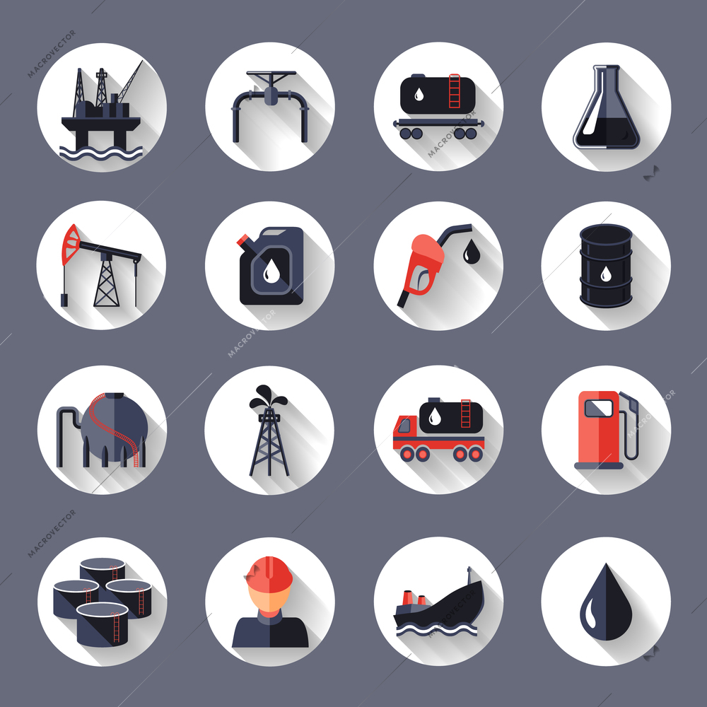 Oil industry fossil conservation and transportation icons set isolated vector illustration