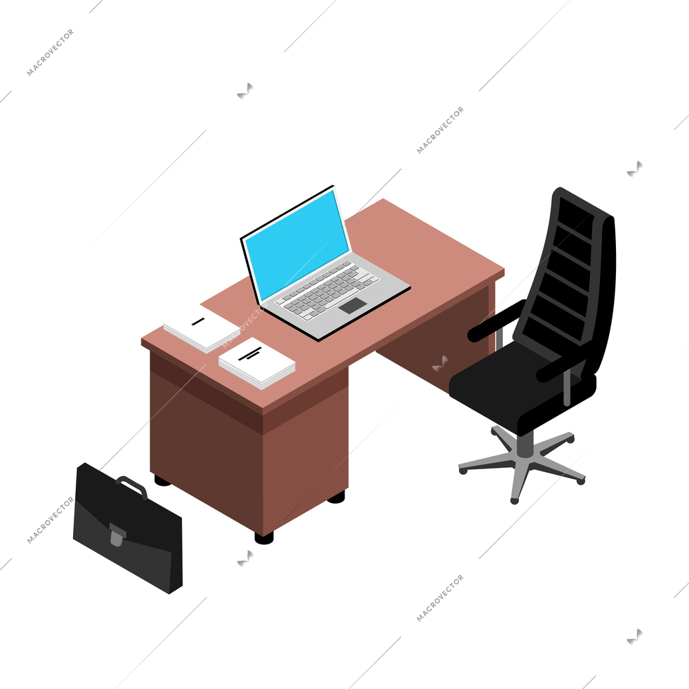 Isometric icon with teachers desk chair laptop briefcase on white background 3d vector illustration