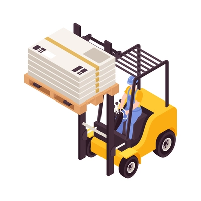 Warehouse worker on forklift carrying cardboard packages isometric icon vector illustration