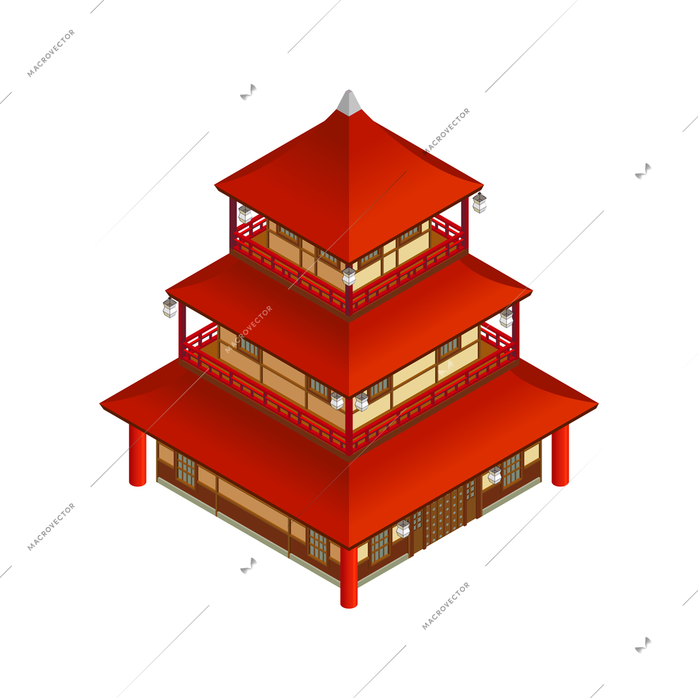 Three storeyd asian building with red roof isometric icon on white background vector illustration
