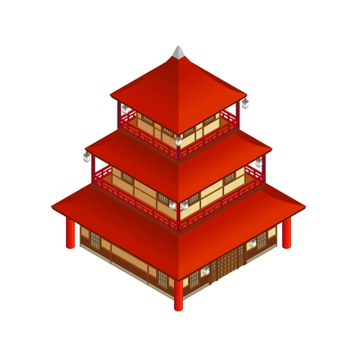 Three storeyd asian building with red roof isometric icon on white background vector illustration