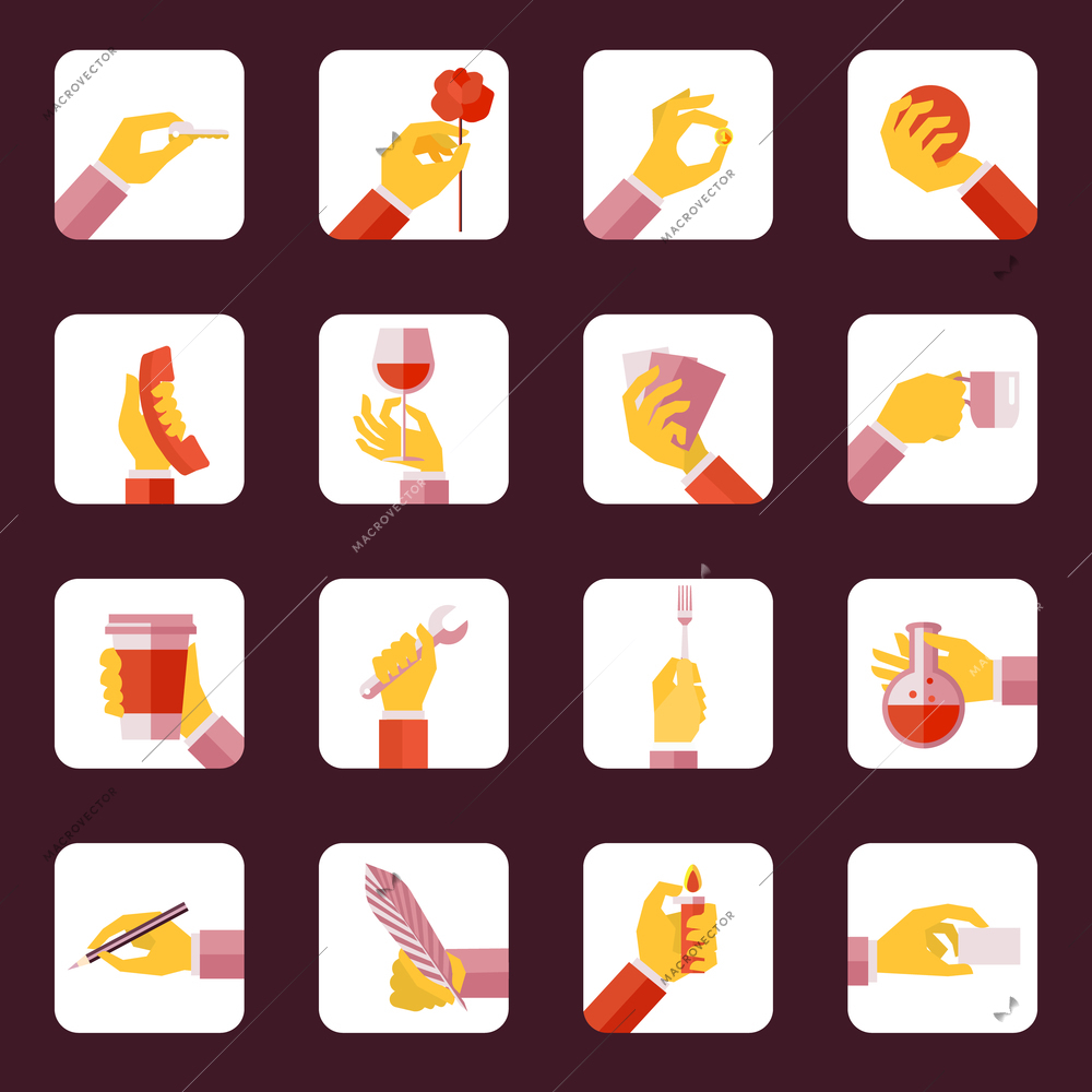 Human hands holding objects repair eating tools flat icons set isolated vector illustration